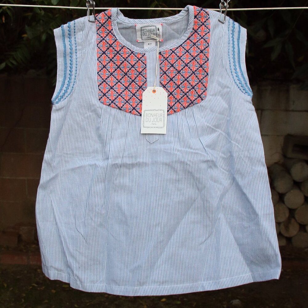Bonheur Du Jour Lucky Sleeveless Embroidered Tunic Blue Dress 4Y
